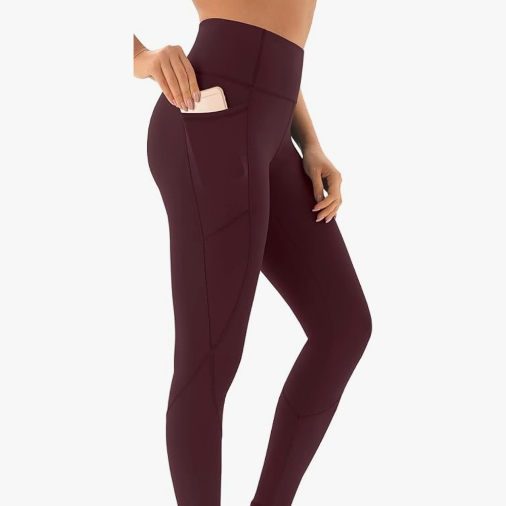 High Waisted Athletic Pocket Leggings Burgundy Wine 7/8 Length Yoga Pants - Picture 9 of 10